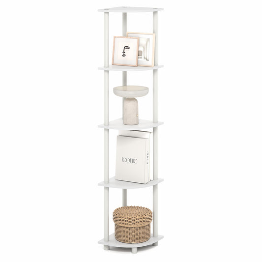 Furinno Turn-N-Tube Corner Shelf, 5-Tier Corner Bookshelf, Open Storage Shelves, for Organization and Storage, Living Room, Home Office, Garage, Bedroom, Plain White