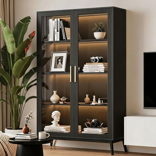 IDEALHOUSE Glass Display Cabinet with RGB Lights,4-Tier Curio Cabinets with 3 Color Lights,Display Case with Human Body Sensor & USB Ports, Corner Storage Cabinet for Collectibles/Toys/Books