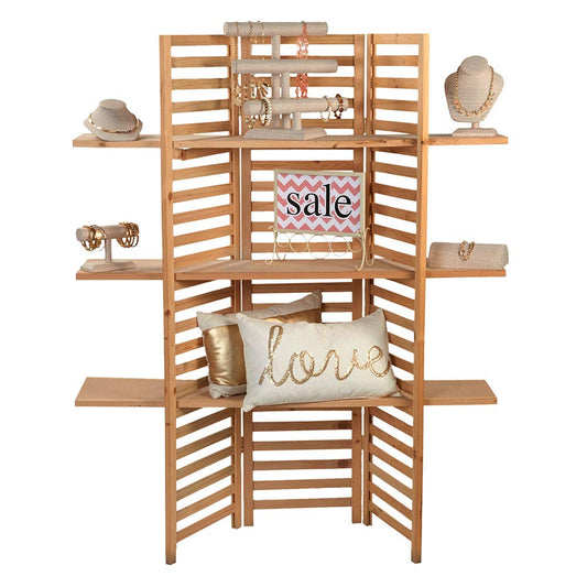 SSWBasics 3-Panel Wood Display With 3 Shelves - Unit Can Be Stained Or Painted - Great for a Wide Range of Merchandise from Housewares, Clothing and Beverages - Natural Pine
