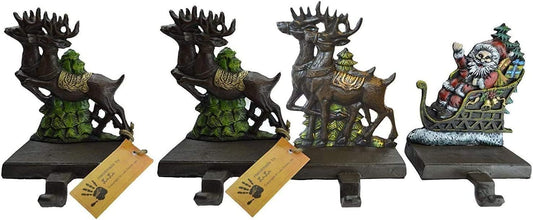 Lulu Decor, Cast Iron Santa Claus & 3 Reindeer Christmas Stocking Holders, Solid, Beautiful, Available in Holiday Colors, Measures 7.75"x5.5", Perfect for Holiday (4 Hooks)