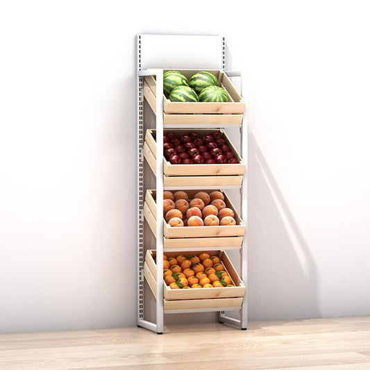 KYTGFH Commercial Supermarket Fruit Vegetable Shelf, Large Capacity Retail Snack Rack Display with Wood Baskets for Kitchen Storage.4 Tier,White Rack+Wooden Box