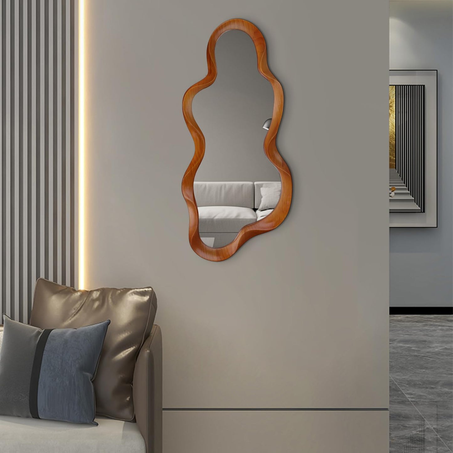 osemy 48"x 22" Irregular Wall Mirror, Walnut Wood Framed Wall Mirror, Asymmetrical Wall Wavy Mirror for Living Room Bedroom Entryway Bathroom Modern Decorative Mirror with Hanging Hooks