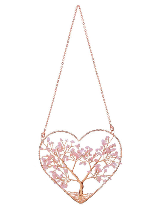 MANIFO Rose Quartz Crystal Tree Life Hanging Ornament Heart Healing Crystal Gemstone Hanging Decoration for Home Garden Window Wall Gifts