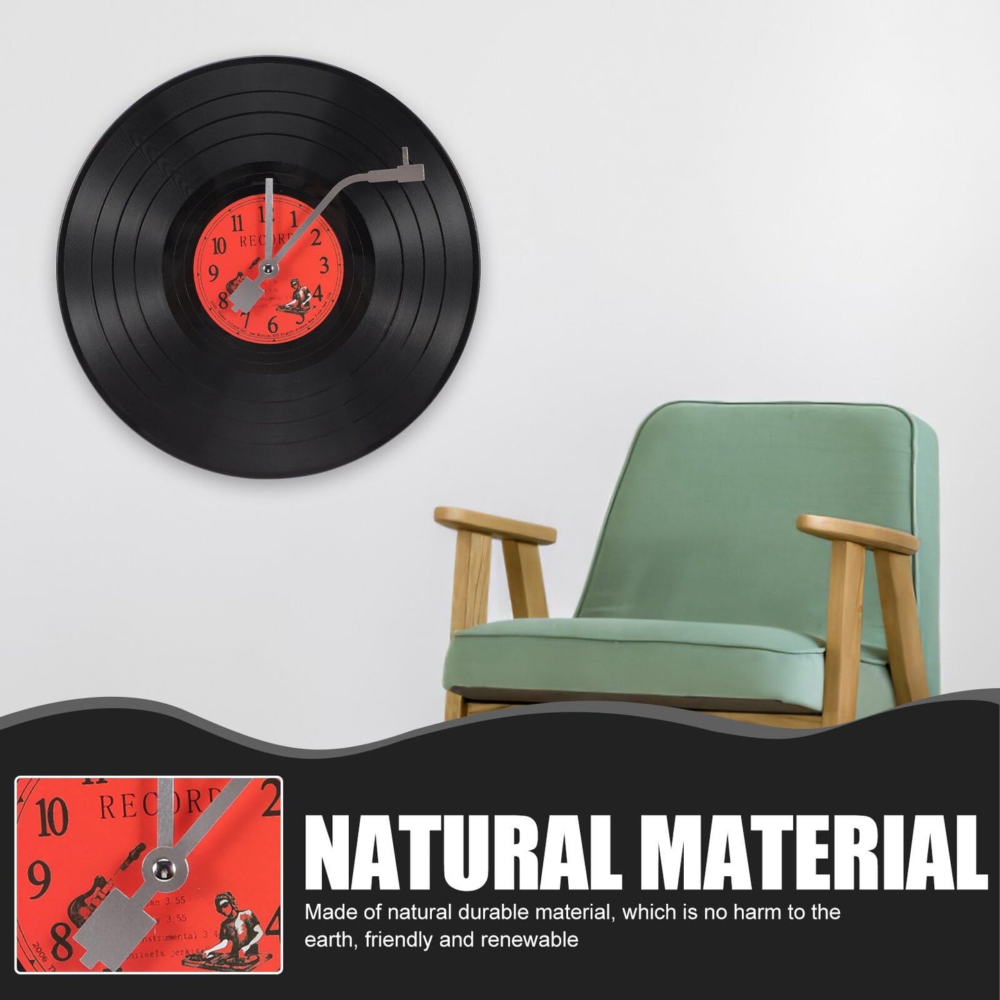 ZOYPAR Musical Black Vinyl Record Wall Clock Battery Operated Music Room Decor Decoration Art Hanging Clocks- 11.81inch