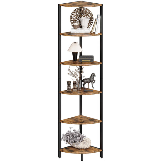 6 Tier Corner Shelf 63.1" Tall Corner Shelves stand Ladder shelf metal Standing Bookshelf Organizer Display Rack Bookcase Plant Stand Industrial style for Living Room Bedroom rustic Brown CS-001RB