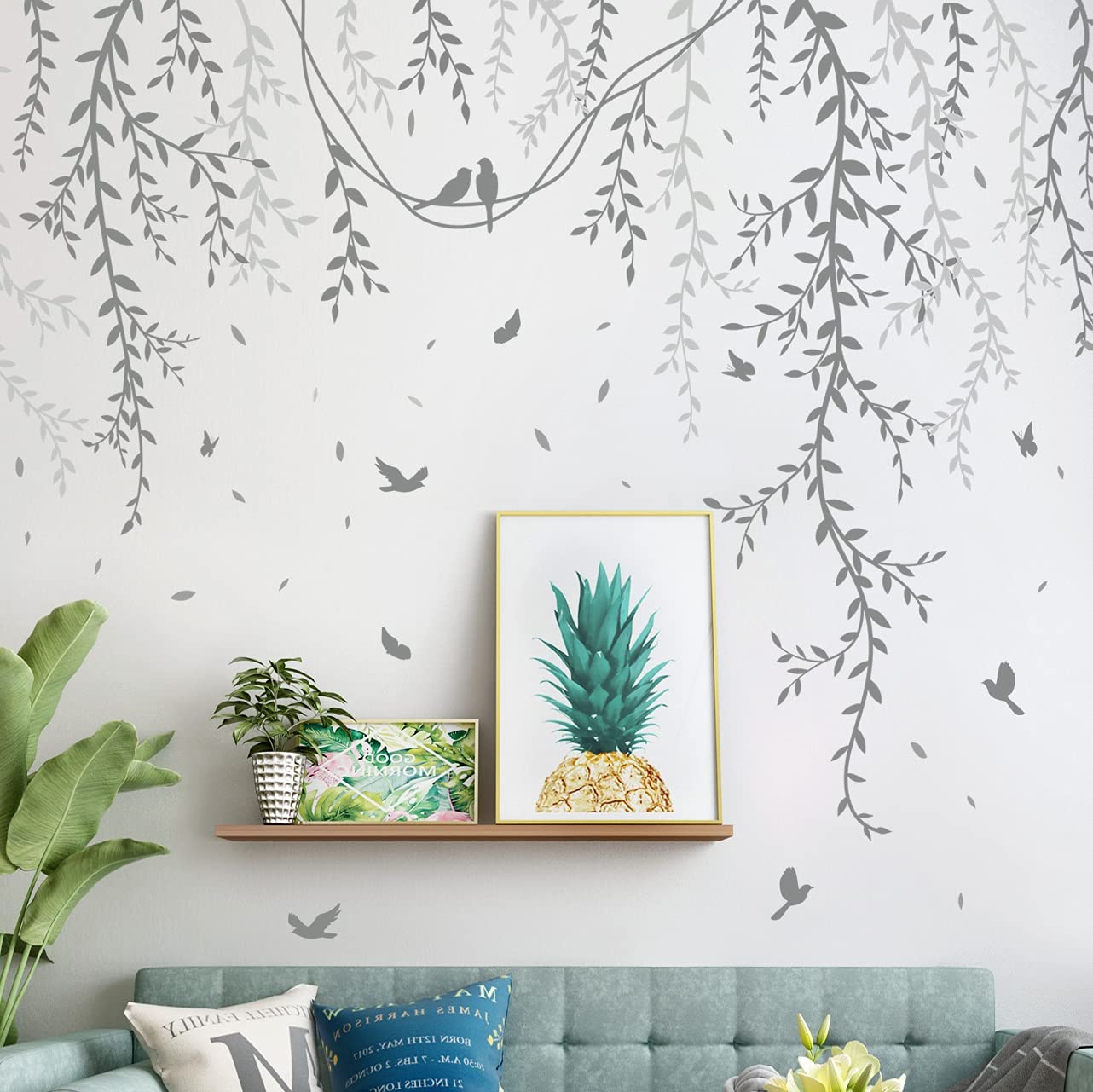 DRWSSR 3D Removable Grey Vines Wall Stickers - Peel & Stick DIY Wall Decals with Flying Birds, Waterproof PVC Wall Decor for Kids Room, Bedroom, Living Room, Office (30x45cm x6, 89x164cm Coverage)
