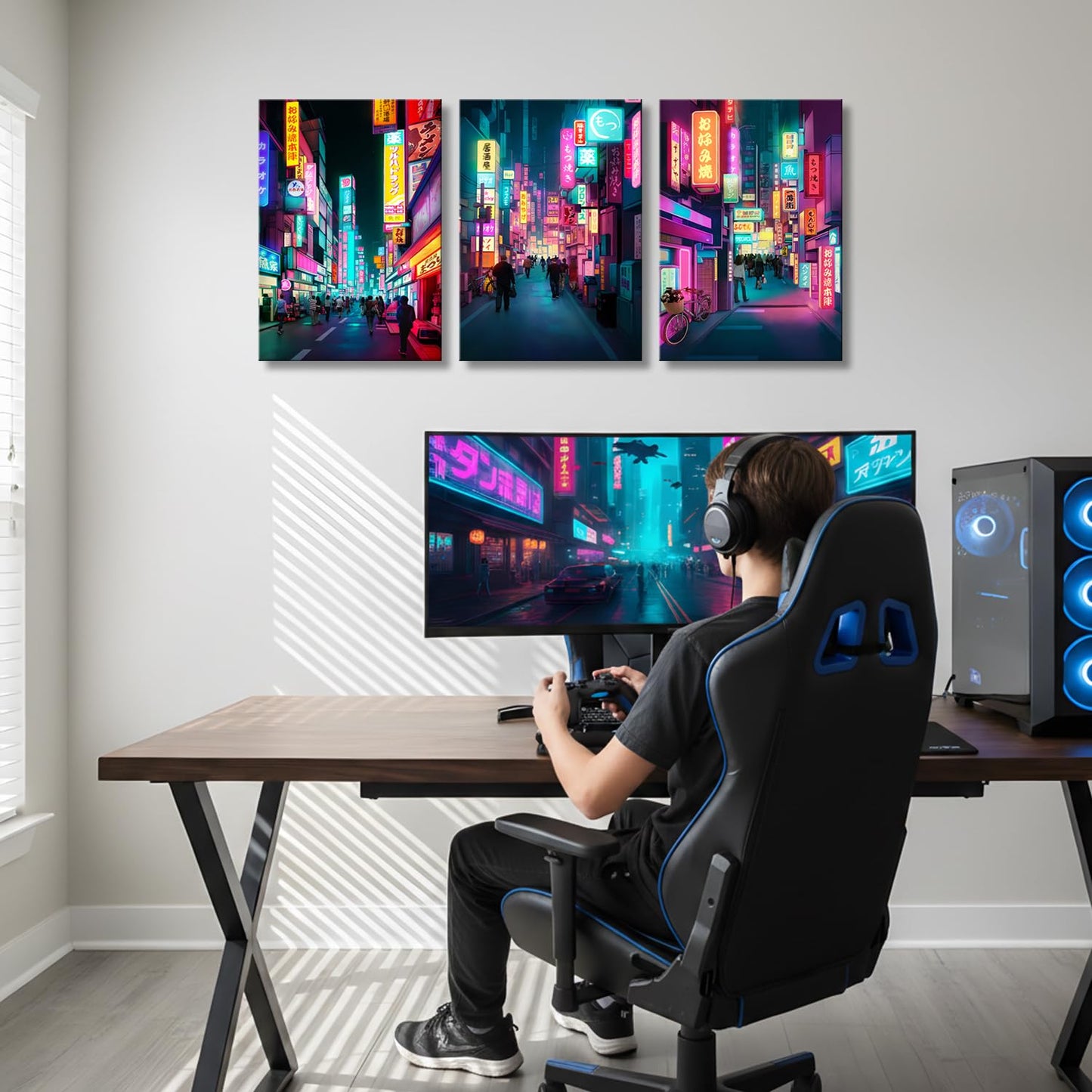 Anime Posters Japanese Wall Art Framed 3 Pieces Tokyo Neon Streets Night Japan City Wall Decor Poster for Living Room Bedroom Bathroom Japanese Room Decor Stretched Ready to Hang