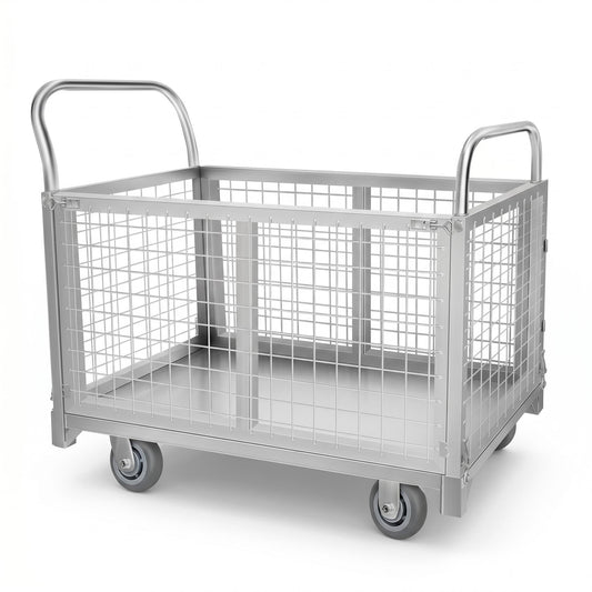 Heavy-Duty Foldable carts with cage, 39.4 x 23.6 inches Rolling cart, Capacity 2200LBS, Utility Heavy-Duty cart with Basket, for Warehouse Luggage handling, Silver