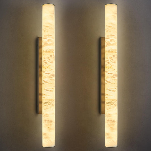 LMQNINE Natural Alabaster Wall Sconces Set of Two Spanish Marble Wall Light Cylinder Modern Black LED Sconce for Living Room Bedroom Bathroo Stairs（L-2Pack）