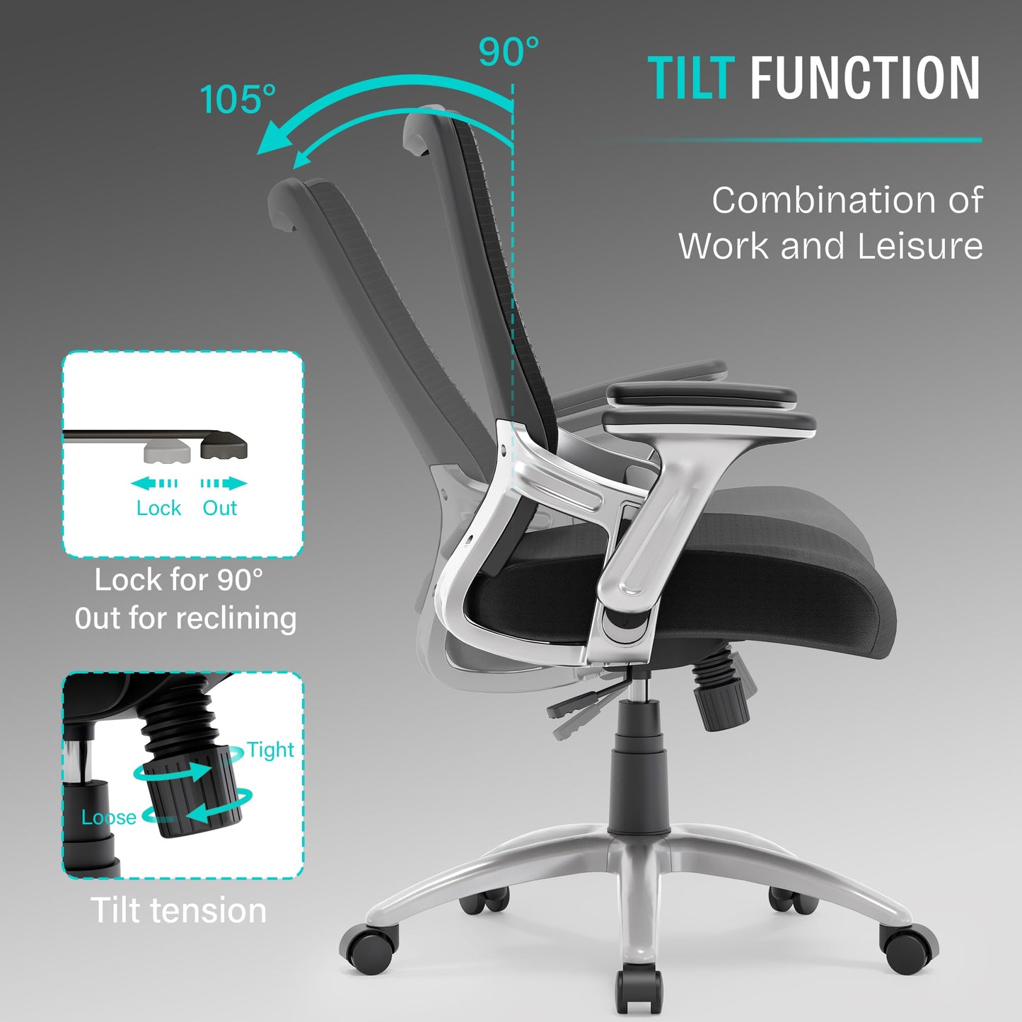 SUNNOW Office Chair, Ergonomic Computer Desk Chair, Sturdy Executive Task Chair - Adjustable Lumbar Support, Flip-up Arms, Tilt Function, Comfy Wide Seat, Swivel Mesh Home Office Desk Chairs (Black)
