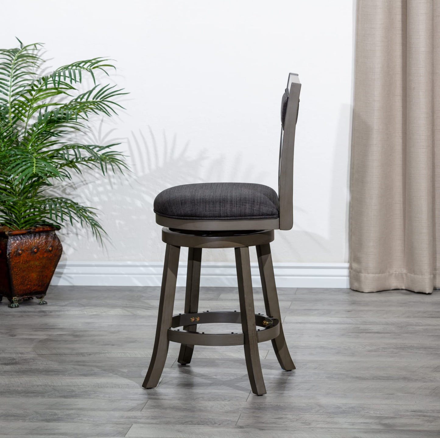 DTY Indoor Living Meeker 24 Inch Counter Height Bar Stools with Backs - Wooden Swivel Counter Stools for Kitchen Island - Charcoal Fabric Seat, Solid Wood Frame, Weathered Gray Finish