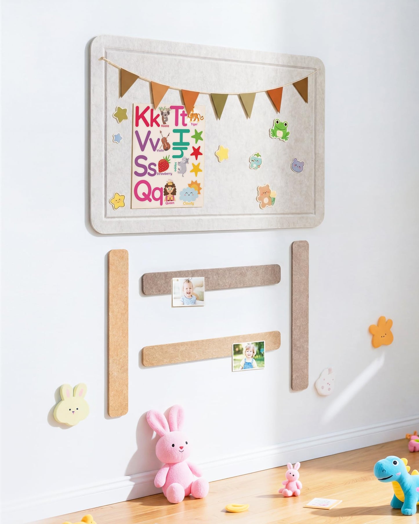 Cork Board Alternative, 24"X16" Felt Bulletin Board with 4-Pack 16"X2" Felt Strip, 30 Push Pins Set - Pin Board for Home Office Classroom Wall, Removable Adhesive Install-Oatmeal