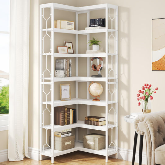 Tribesigns Corner Shelf, 7-Tier Industrial Corner Bookshelf, Wood and Metal Corner Etagere Bookcase, Freestanding Display Shelf for Living Room, Kitchen, Home Office, White