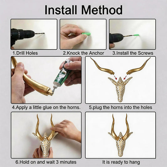 GIGICICI 13.7x5.5-Inch Antelope Head Wall Sculpture Modern Resin Animal Decor Art Vintage Mosaic Statue for Living Room Bedroom Office, White Gold Checkered Gold Horns 3D Wall Art