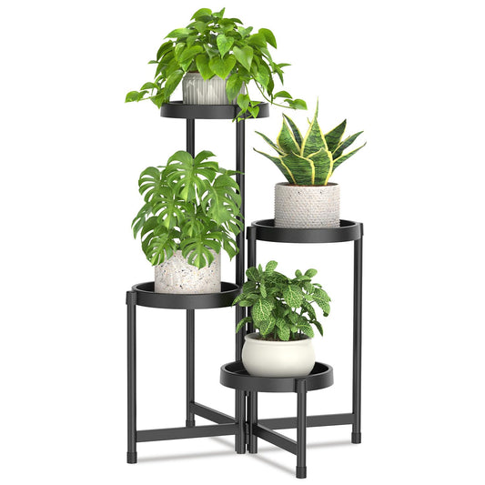 LASZOLA 4 Tiered Plant Stand Indoor Outdoor with Plastic Tray, Corner Folding Tall Flower Display Rack, Modern Plant Holder Shelf for Outdoor Patio Porch Garden Office Living Room, Black