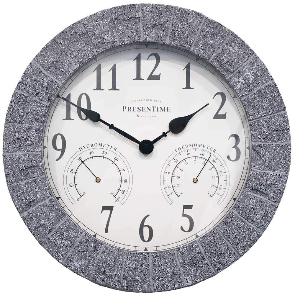 Presentime & Co Sandstone Outdoor Clock with Thermometer & Hygrometer as All in one Weather Station, 14", Gray Sandstone Finish. Weather Thermometer, Outdoor Décor, Wall Décor.