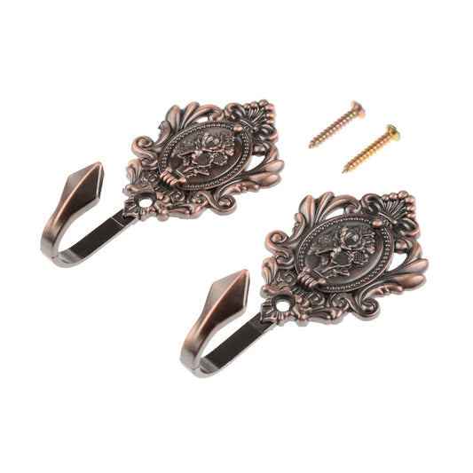 Hicello 2Pcs Wall Hooks Red Copper Rose Pattern Carved Vintage Drapery Clothes Key Hook Bathroom Bedroom Multi-Function Decorative Hook with Screws