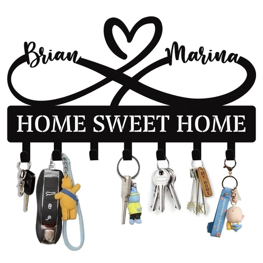 PREAUREUM Personalized Metal Key Holder Custom Name Metal Key Rack with Hooks, Decorative Wall Mounted Key Organizer Home Decor, Matte Black Steel Key Hanger Multiple Sizes (Home Sweet Home)
