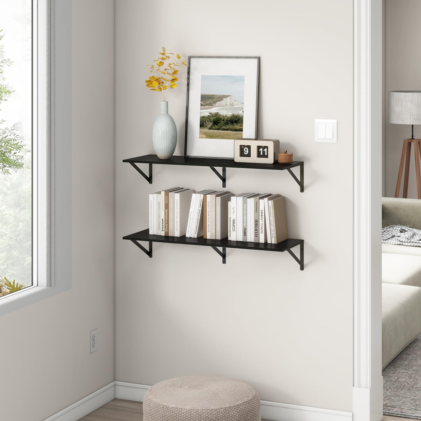 36"W x 12"D Floating Shelves, Black Deep Floating Shelves for Wall with Brackets, 12 Inch Deep Wall Shelves for Books, Wide Display Storage Shelves for Bathroom, Living Room, 36 Inch Long, Set of 2