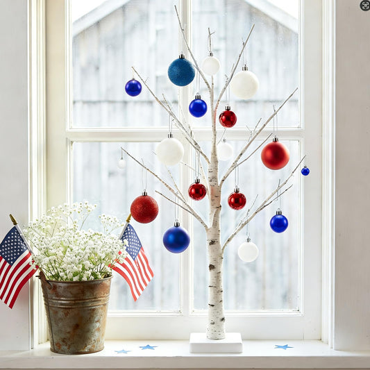 46PCS Ball Ornaments Set for the 4th of July, Flocked Shatterproof Tree Decor, Hanging Ornaments with String for Holiday Home Decor, Christmas Tree Decoration (Red, Blue, White)(Tree not Included)