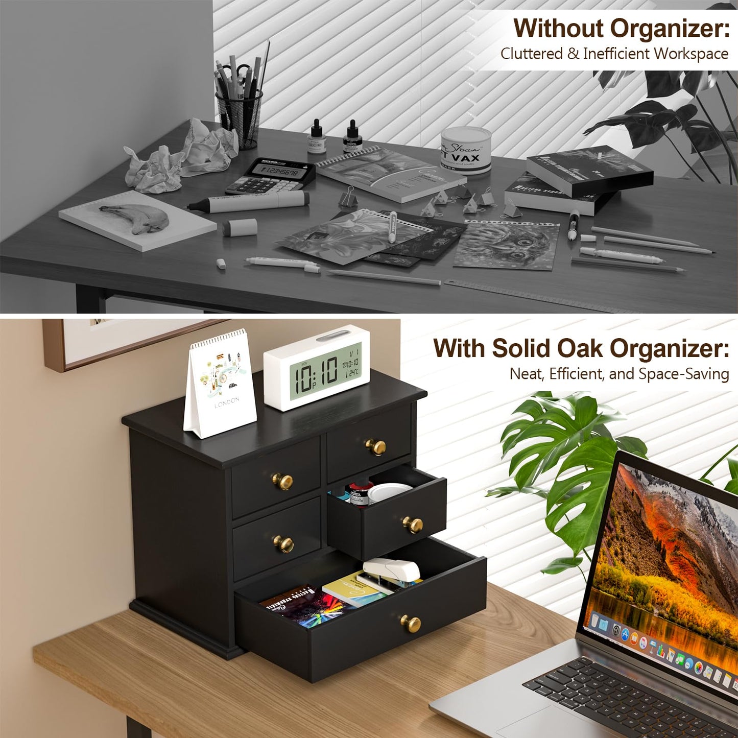 Oak Desk Organizer with Drawers, Durable Wooden Desktop Storage Box with Metal Handles & Non-Slip Silicone Pads, 4 Drawer Tabletop Organizer for Office, Bedroom, Bathroom, Vanity, and Makeup – Black