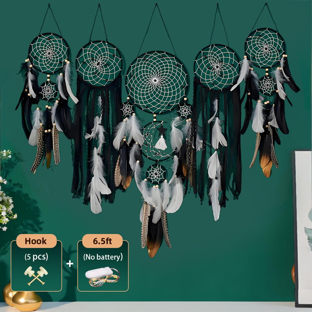 Handcrafted Dream Catcher Wall Decor Set, 5 Pieces, Round Shape, 10 Inch Diameter, Cotton and Feather, Art Deco Style, Moon and Star Design, Indoor Hanging Ornaments (5, White)