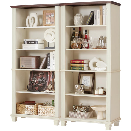 SAVOR LIFE 70" Tall White Bookshelf,5 Tier Wood Book Shelf with Adjustable Shelves & Wood Legs,Free Standing Farmhouse Bookcase with Open Display Storage,Vintage Kids Bookshelves for Nursery,2PCS