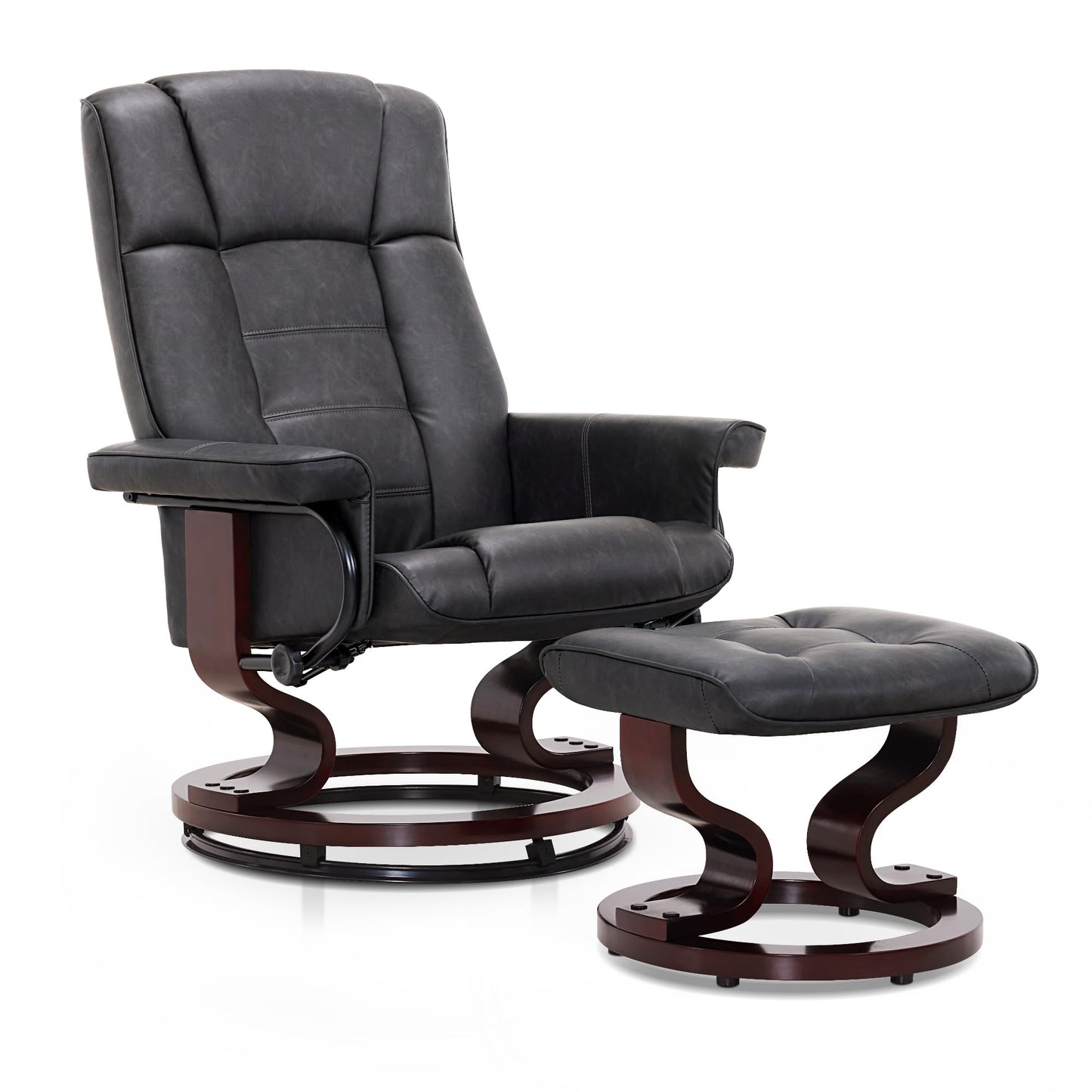 MCombo Manual Swivel Recliner with Ottoman, Chair Ottoman Set for RV Small Spaces, Living Room, Bedroom, Office 9019 4919 (Faux Leather, Dark Grey)