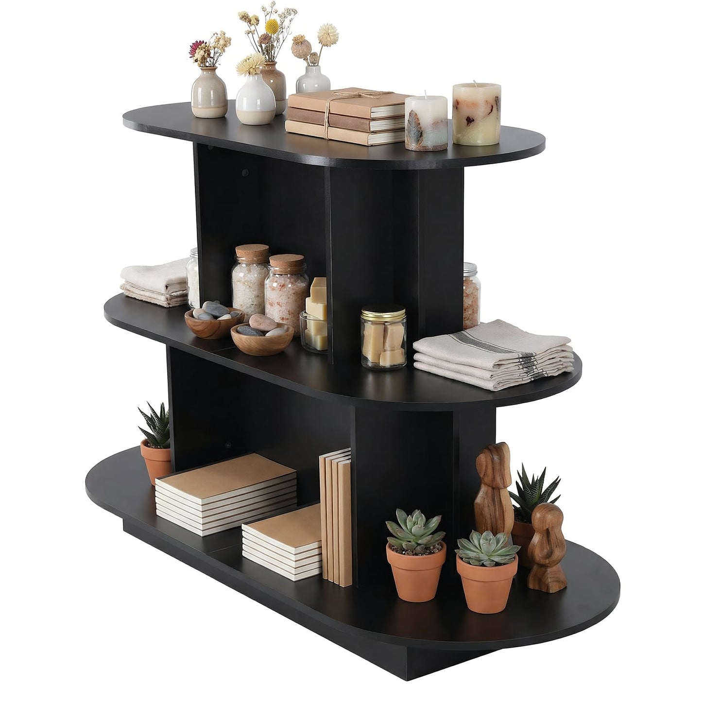 ASIEIT 3 Tier Wooden Oval Display Table Modern Standing Display Riser Shelf Retail Table for Stores Vendor Events 55in W x 23.6in D x 35in H (Black)