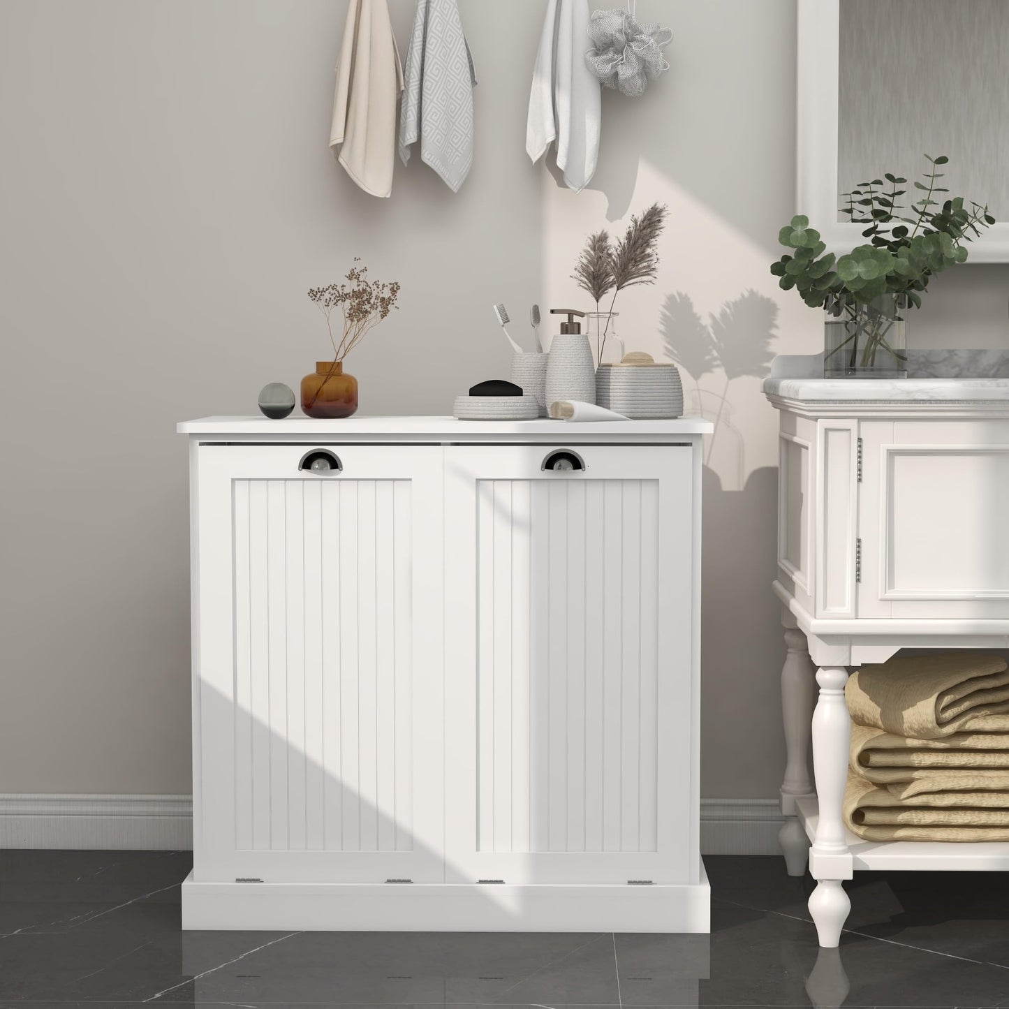 Contemporary Storage Cabinet, Two-Compartment Tilt-Out Laundry Sorter Cabinet, for Bathroom Hallway,for Kitchen Home