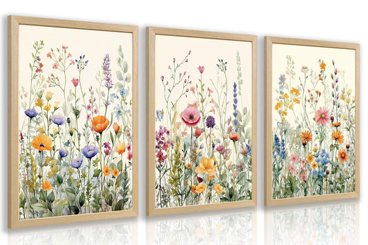 LLEEMPI Watercolor Floral Wall Art Set of 3, Colorful Wildflower Wall Decor, Modern Abstract Botanical Canvas Painting, Rustic Farmhouse Poster Print for Bedroom Bathroom Office Wood Framed 12x16 Inch