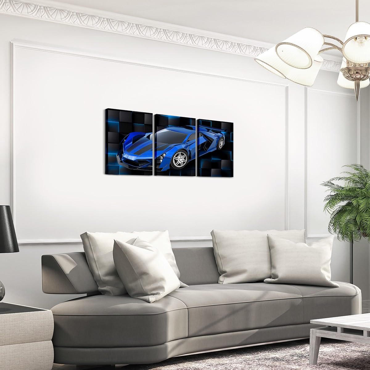 Feelyou Blue Race Car Picture Wall Decor 12"x16" 3 Piece Speed Sports Car Canvas Wall Art Decor Geometric Honeycomb Office Wall Decorations Artwork Posters Extreme Sports Wall Painting