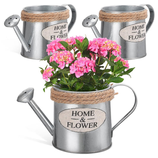 Cabilock 3pcs Rustic Galvanized Metal Vase with Jute Rope Handles - Farmhouse Decorative Flower Pot, Vintage Watering Can Pitcher for Home Decor, Wedding Centerpiece, Tabletop Floral Arrangement