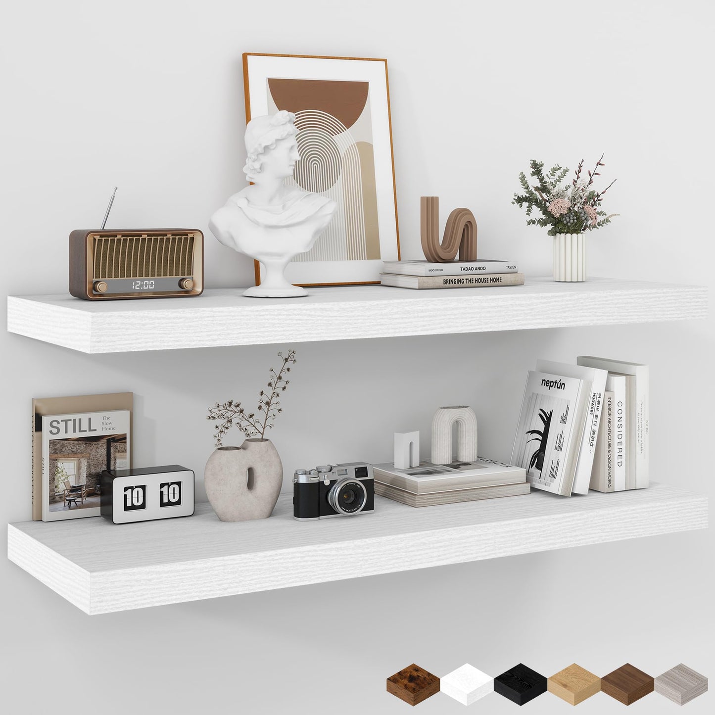 Fun Memories Floating Shelves - 2 Pack 12 Inch Rustic Wooden Wall Shelves - Extra Deeper & Thicker Wall Mounted Storage Shelf for Living Room, Kitchen, Farmhouse - 36" W x 12" D x 1.8" H - White