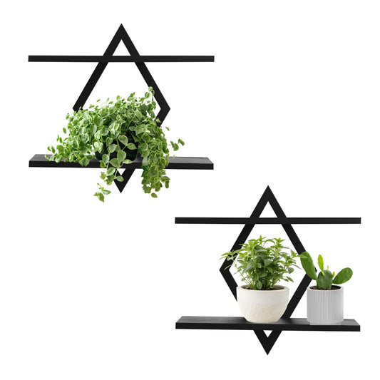 Floating Shelves for Wall,Decorative Wall Shelf,2 Tier Hanging Shelf for Plants Storage Display Holder,Indoor Decor for Living Room Home Office Bathroom Bedroom,Solid Wood,Diamond Shaped,2 Pack,Black