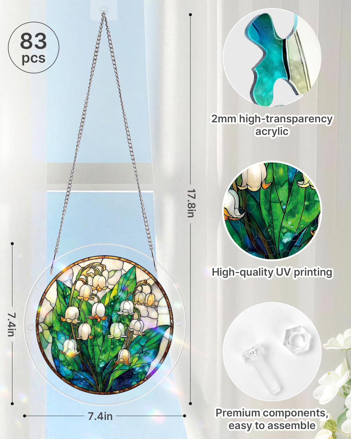KaayeeWood 83 Pieces Acrylic Suncatcher Puzzle, Unique Secret Lily Valley Acrylic Sun Catcher Puzzle Kit for Doors Garden and Window Hanging, DIY Suncatcher Kits for Adults, 7.4 in