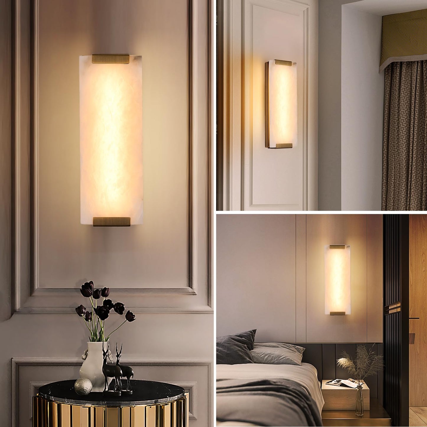 HOMLUCE 14.2in Alabaster Wall Sconce, Large Natural Marble Wall Light Decor, LED Modern Wall Lamp for Bedroom, Stairs, Living Room, Vanity, Bedside, Hallway （Brushed Bronze 12W）