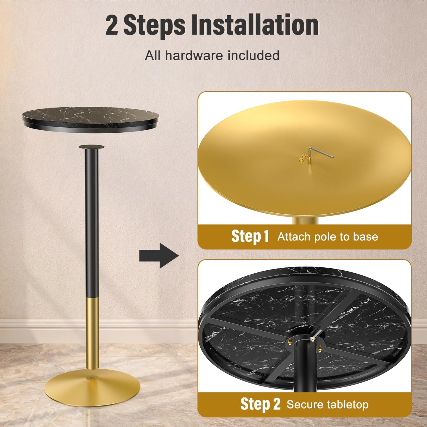Modern Round Marble Bar Table, 22" Black Marble Top Pub Table with Gold Metal Base, Tall Bistro Table for Home Bar, Kitchen, Dining, Small Spaces, 37'' Bar Height