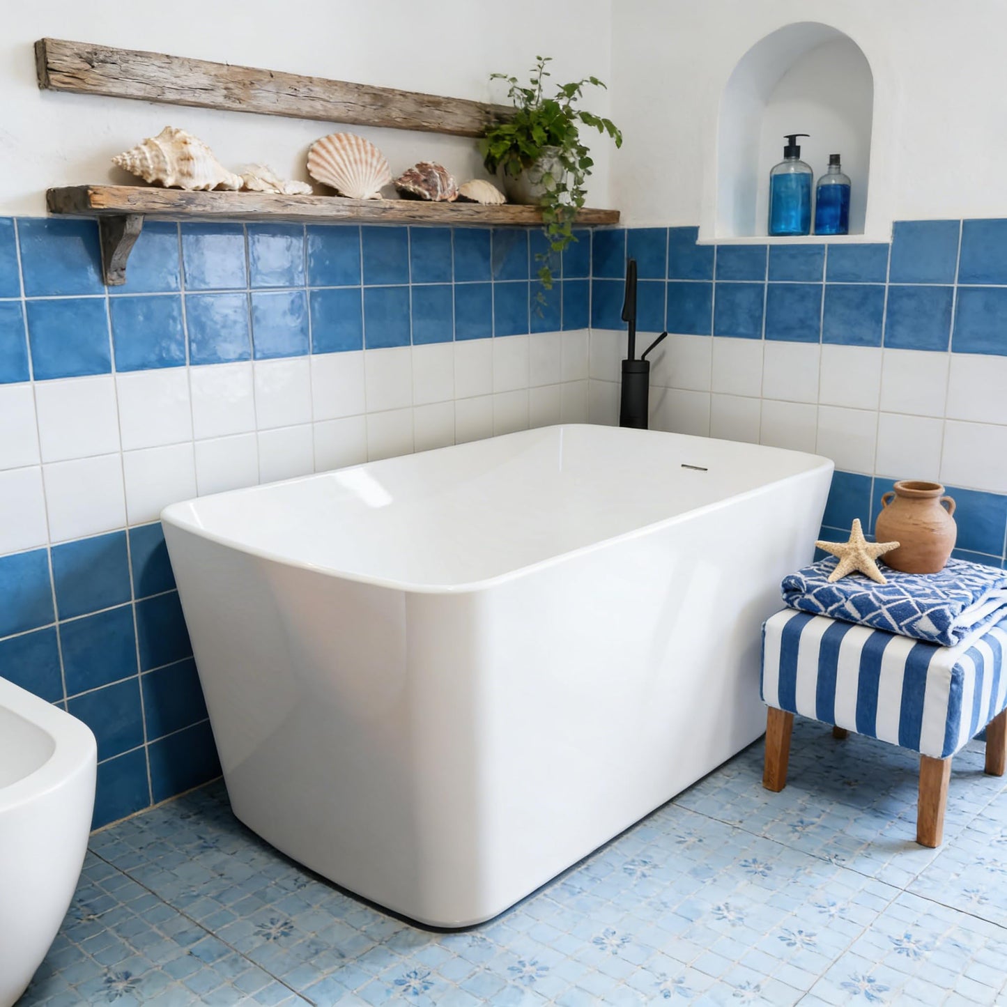 49" Acrylic Freestanding Soaking Bathtub, Matte Black Drain & Overflow, Modern Design Unique Tub for Home Bathroom Renovations, Glossy White