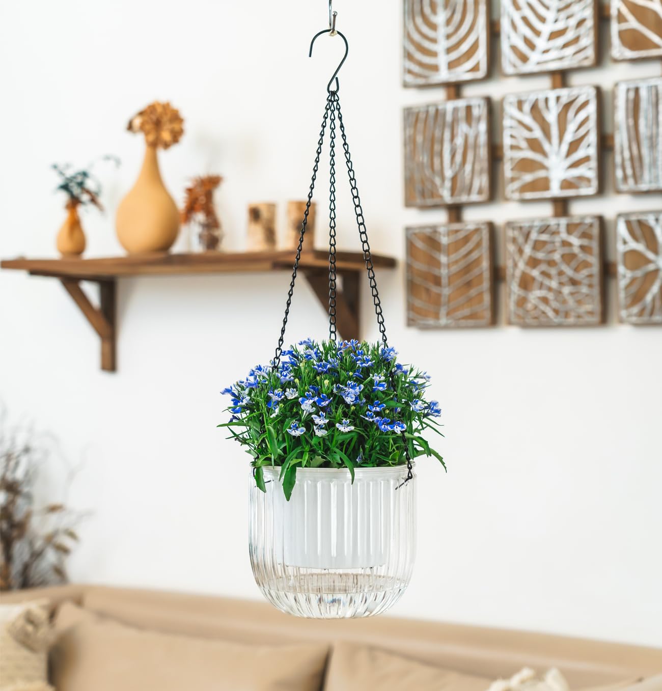 Melphoe 2 Pack Self Watering Hanging Planters Indoor Flower Pots, 6.5 Inch Outdoor Hanging Plant Pot Basket, Plant Hanger with 3Hooks Drainage Holes for Garden Home