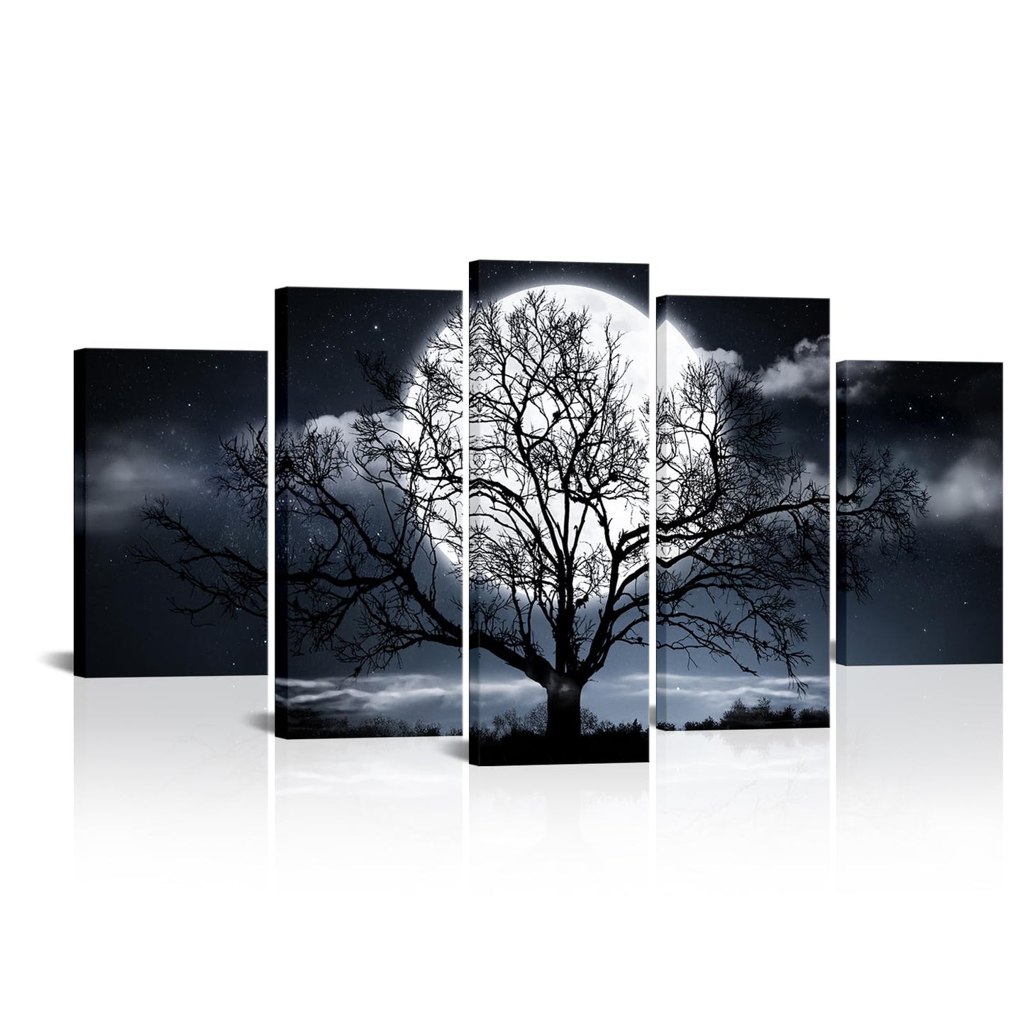 Artmyharbor Moon Night Canvas 5 Panel Wall Art Black and White Tree Silhouette Picture Modern Nature Wall Decor for Living Room