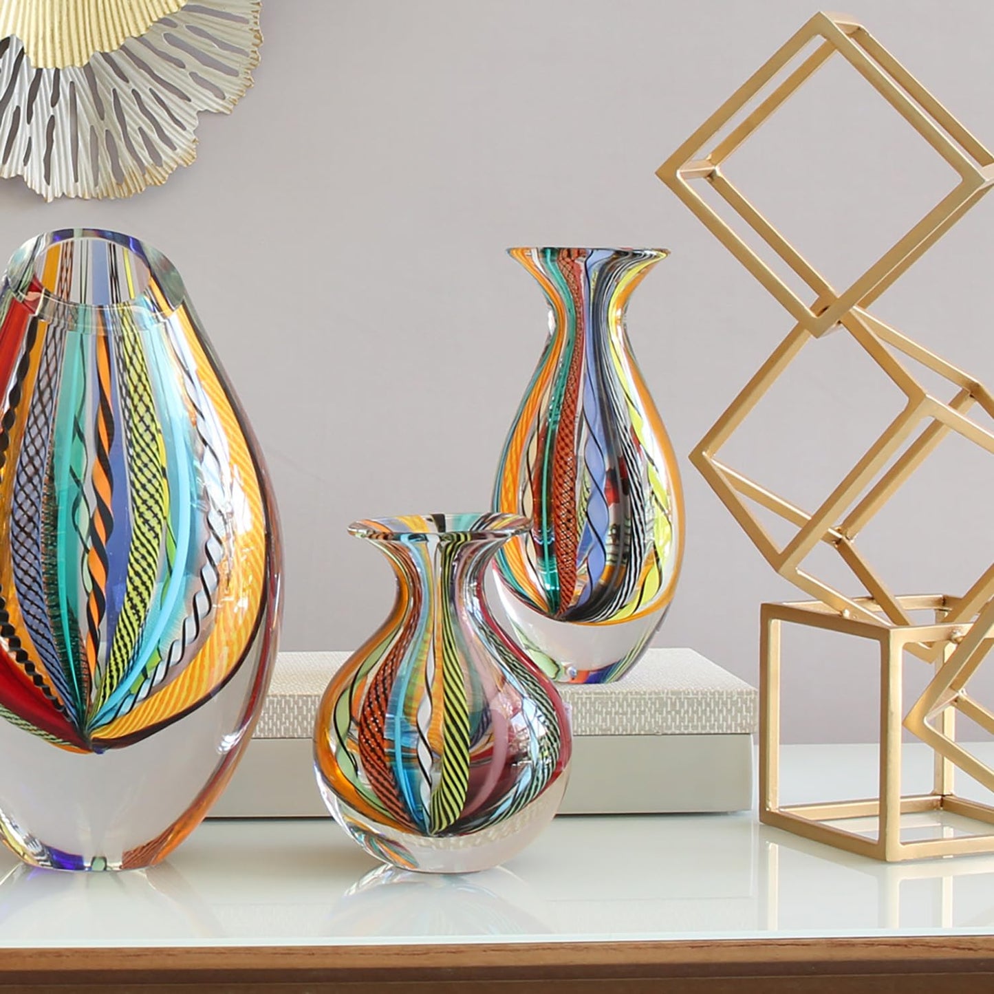 Ca D Oro Small Glass Vase Boho with Colored Canes Hand Blown Murano-Style Art Glass - Model Nº 2
