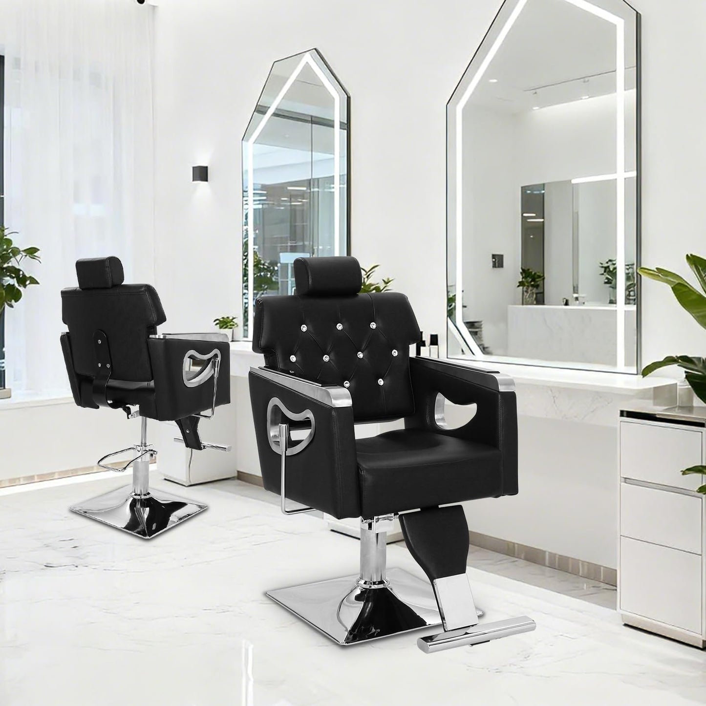 GarveeHome Barber Chair, PU Leather Reclining Salon Chair for Hair Stylist with High-Density Sponge Cushion, Hydraulic Pump Adjustable Height, 360° Swivel, Beauty Spa Equipment, Black and Chrome