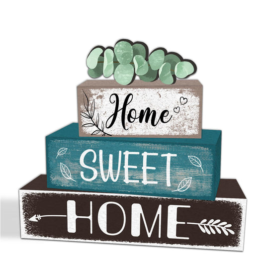 4Pcs Home Sweet Home Centerpiece, Vintage Style Home Table Wood Blocks Decor, Eucalyptus Leaf Decoration Sign, Farmhouse Wooden Tabletop Centerpiece, Perfect for Bedroom Kitchen Living Room Table