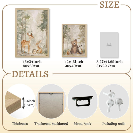 LLEEMPI Woodland Nursery Wall Decor Set of 3, Cute Forest Animal Wall Art, Bear Fox Deer Watercolor Canvas Prints, Vintage Nature Poster Prints for Kids Bedroom Bathroom Playroom Wood Framed 12x16 Inch
