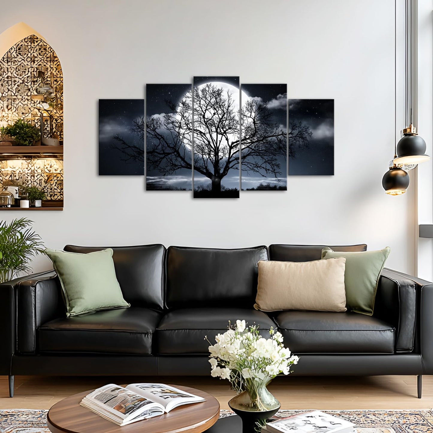 Artmyharbor Moon Night Canvas 5 Panel Wall Art Black and White Tree Silhouette Picture Modern Nature Wall Decor for Living Room
