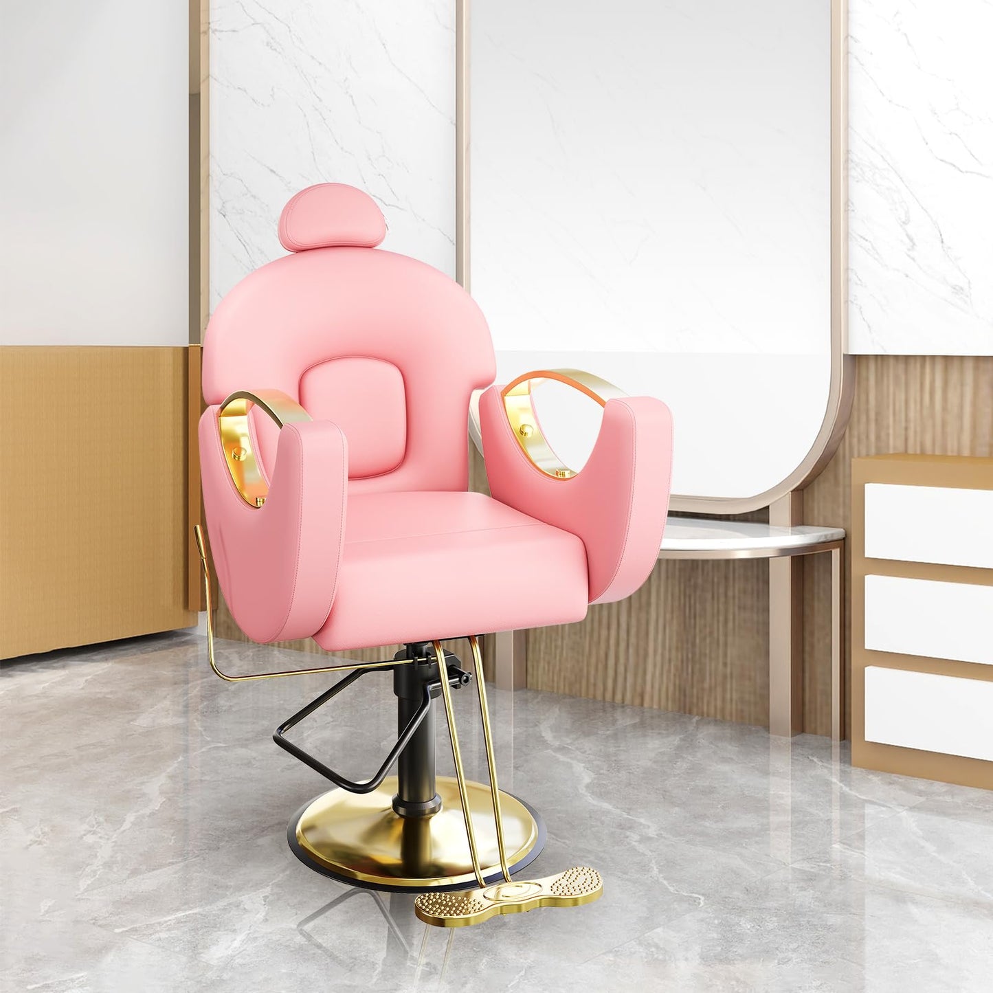 Professional Reclining Salon Barber Chair with Heavy-Duty Pump, Height-Adjustable & 360° Swivel Styling Chair, 330 LBS Capacity, Comfortable High-Density Cushion for Spas, Tattoo Studios, Pink & Gold
