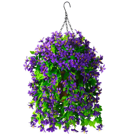 INQCMY Artificial Hanging Flowers in Basket for Spring Patio Garden Decoration, Faux Silk Violet in Planter UV Resistant Realistic for Outside Home Porch Balcony Yard Decor(Purple)