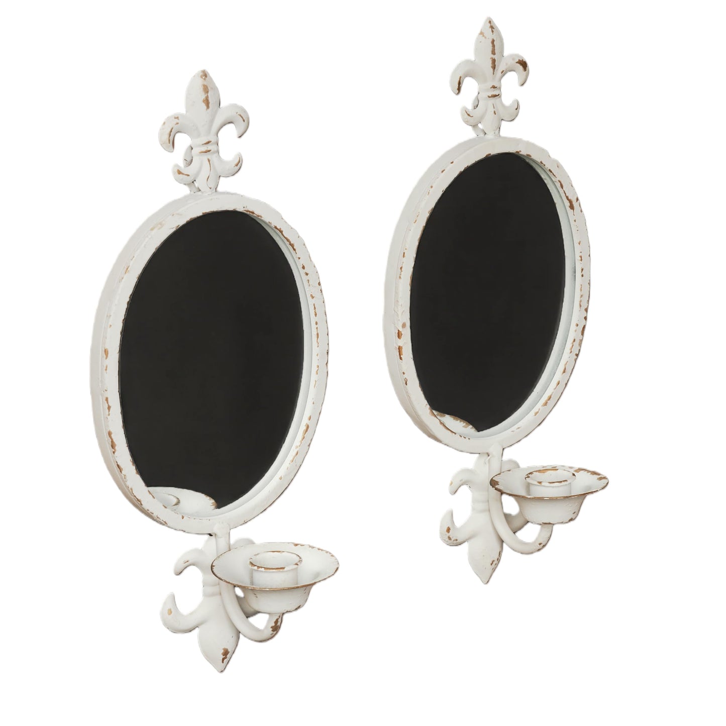 SOFE Metal Shabby Chic Wall Sconces Set of Two Candle Holder, Oval Mirrored Wall Candle Holder for Taper Candles, Iron White Candle Sconces for Living Room, Farm House Home Decor