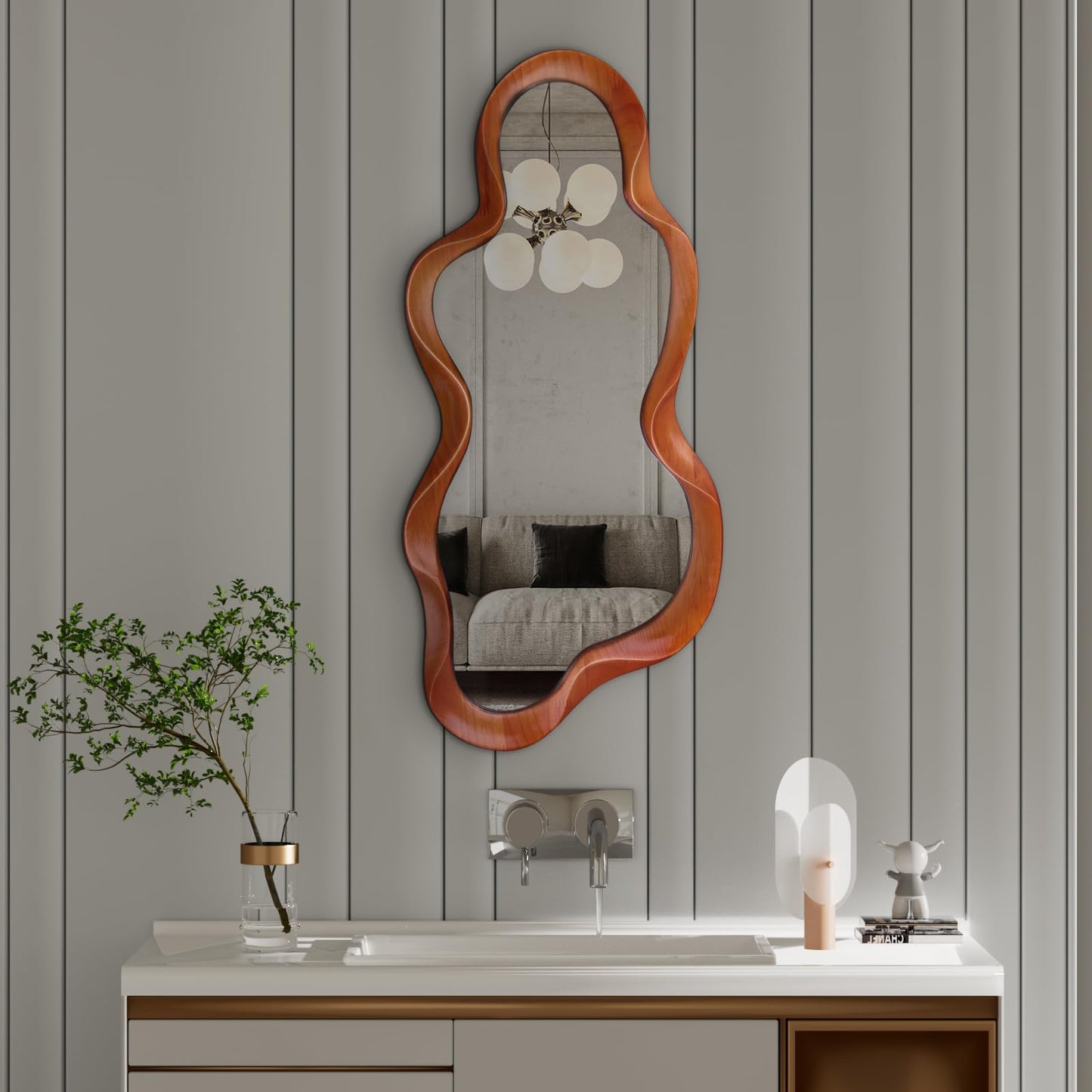 osemy 48"x 22" Irregular Wall Mirror, Walnut Wood Framed Wall Mirror, Asymmetrical Wall Wavy Mirror for Living Room Bedroom Entryway Bathroom Modern Decorative Mirror with Hanging Hooks